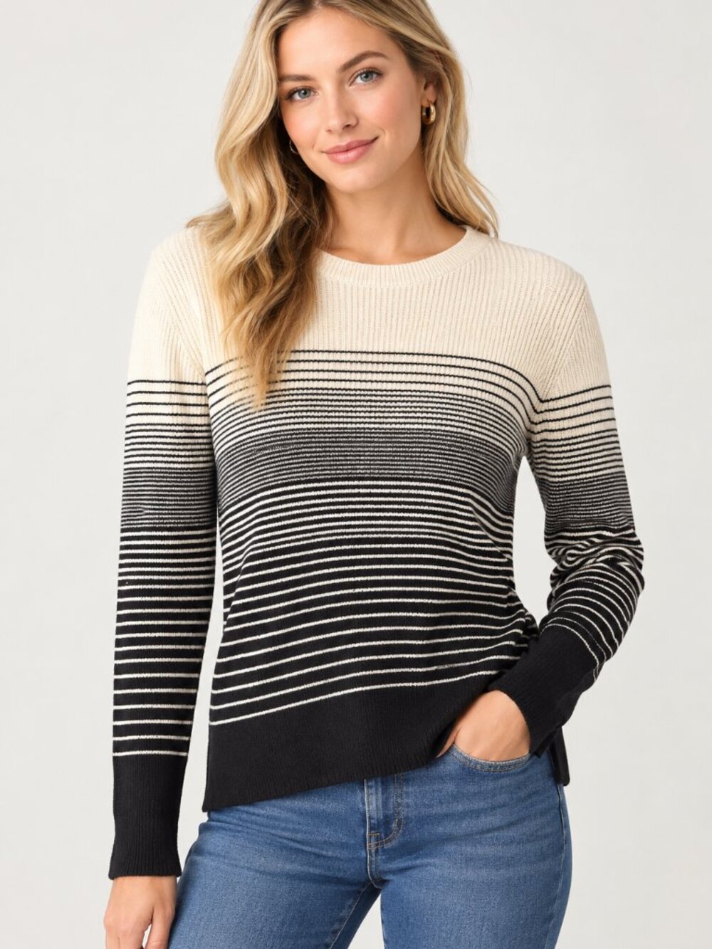 Nine West Black & White Gradient Stripe Crewneck Sweater